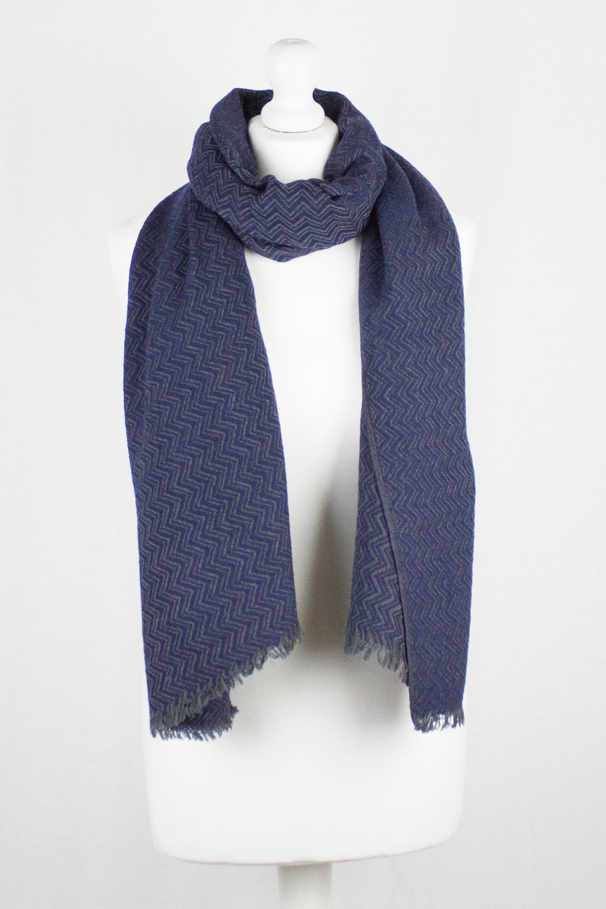 Navy Grey Chevron Weave Merino Wool Scarf