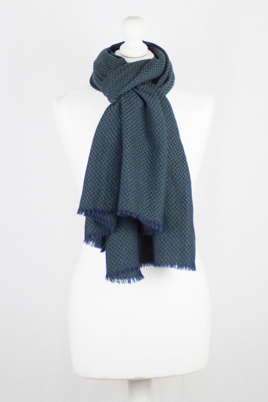 Chevron Weave Two Tone Merino Wool Scarf in Navy and Green