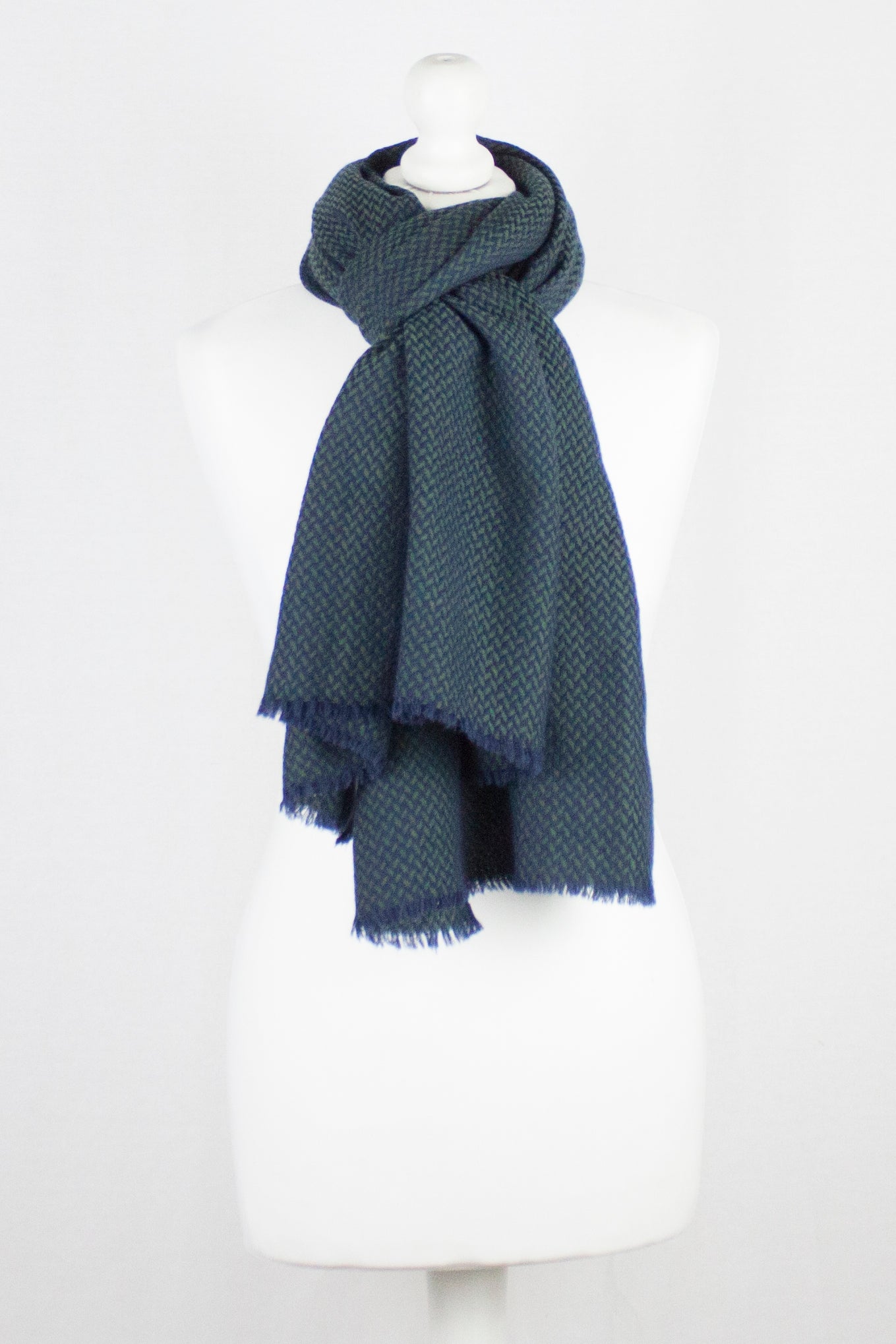 Chevron Weave Two Tone Merino Wool Scarf in Navy and Green