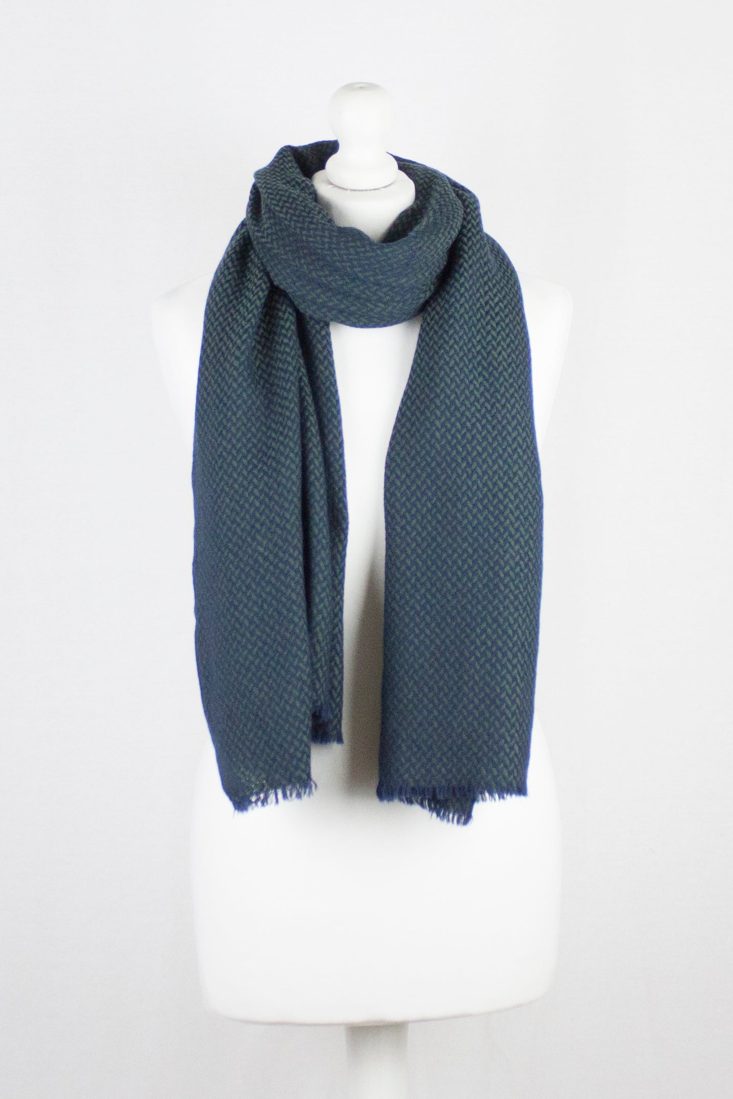 Chevron Weave Two Tone Merino Wool Scarf in Navy and Green