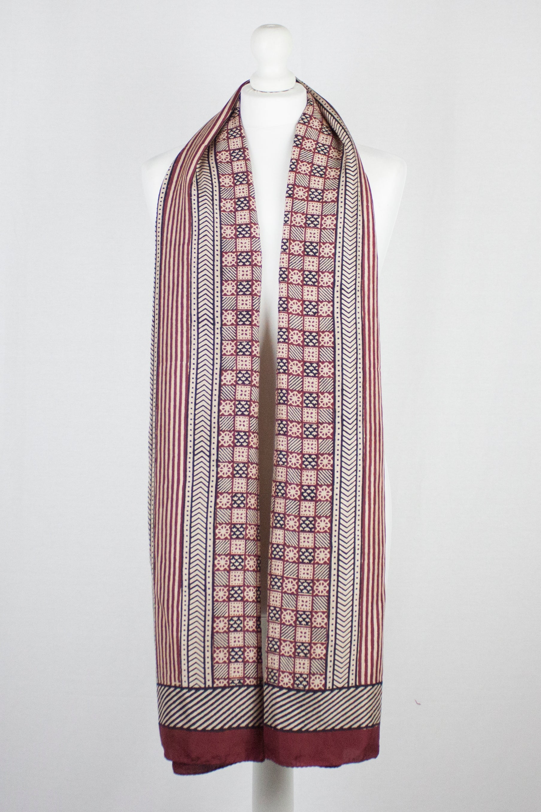 Red Checks and Stripes Hand Block Print Silk Scarf