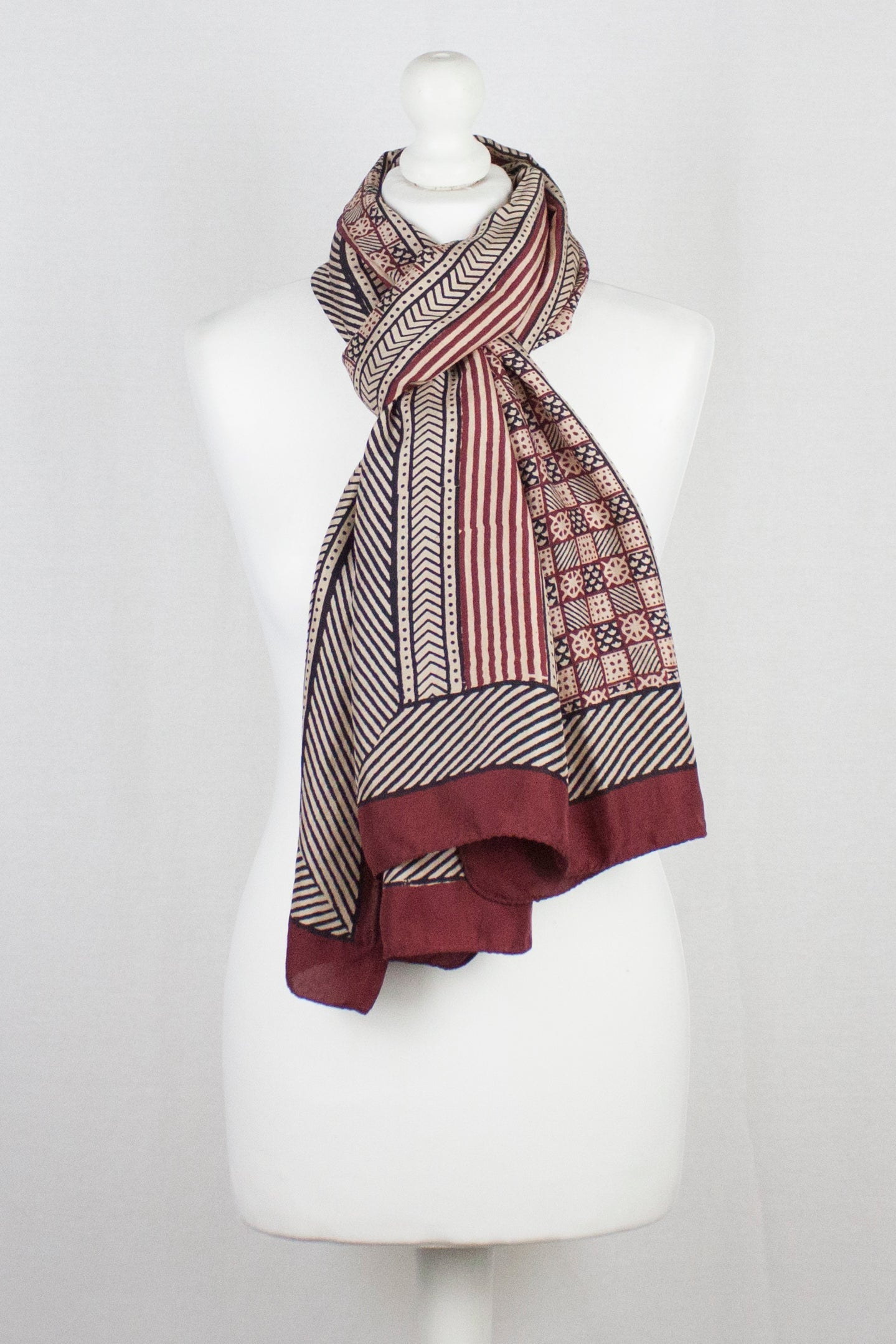 Red Checks and Stripes Hand Block Print Silk Scarf