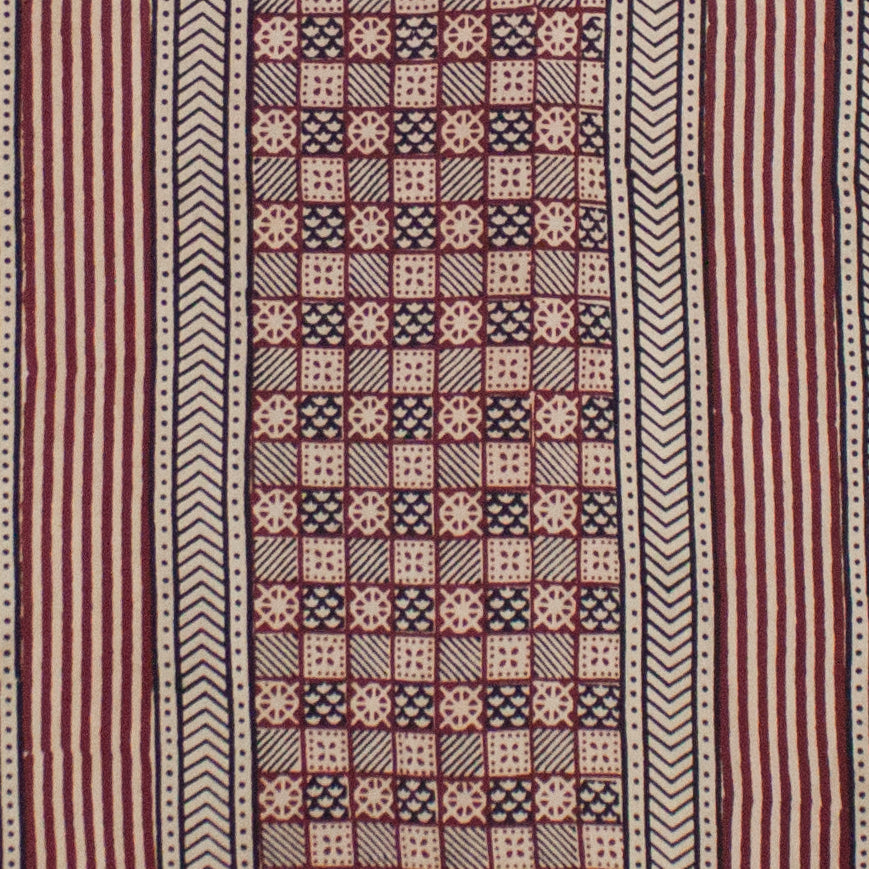 Red Checks and Stripes Hand Block Print Silk Scarf