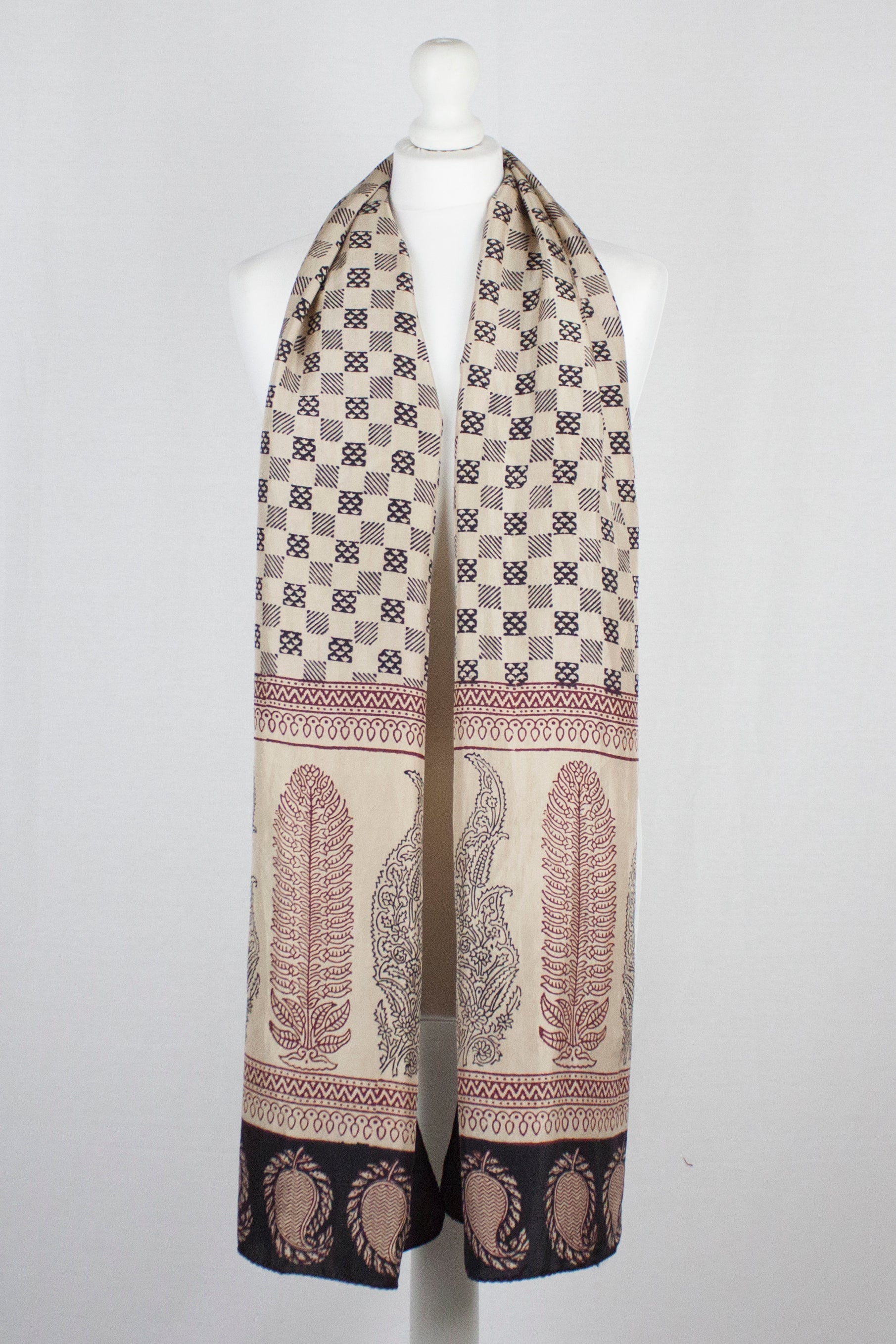 Checks Mesh Hand Block Print Silk Scarf in Black