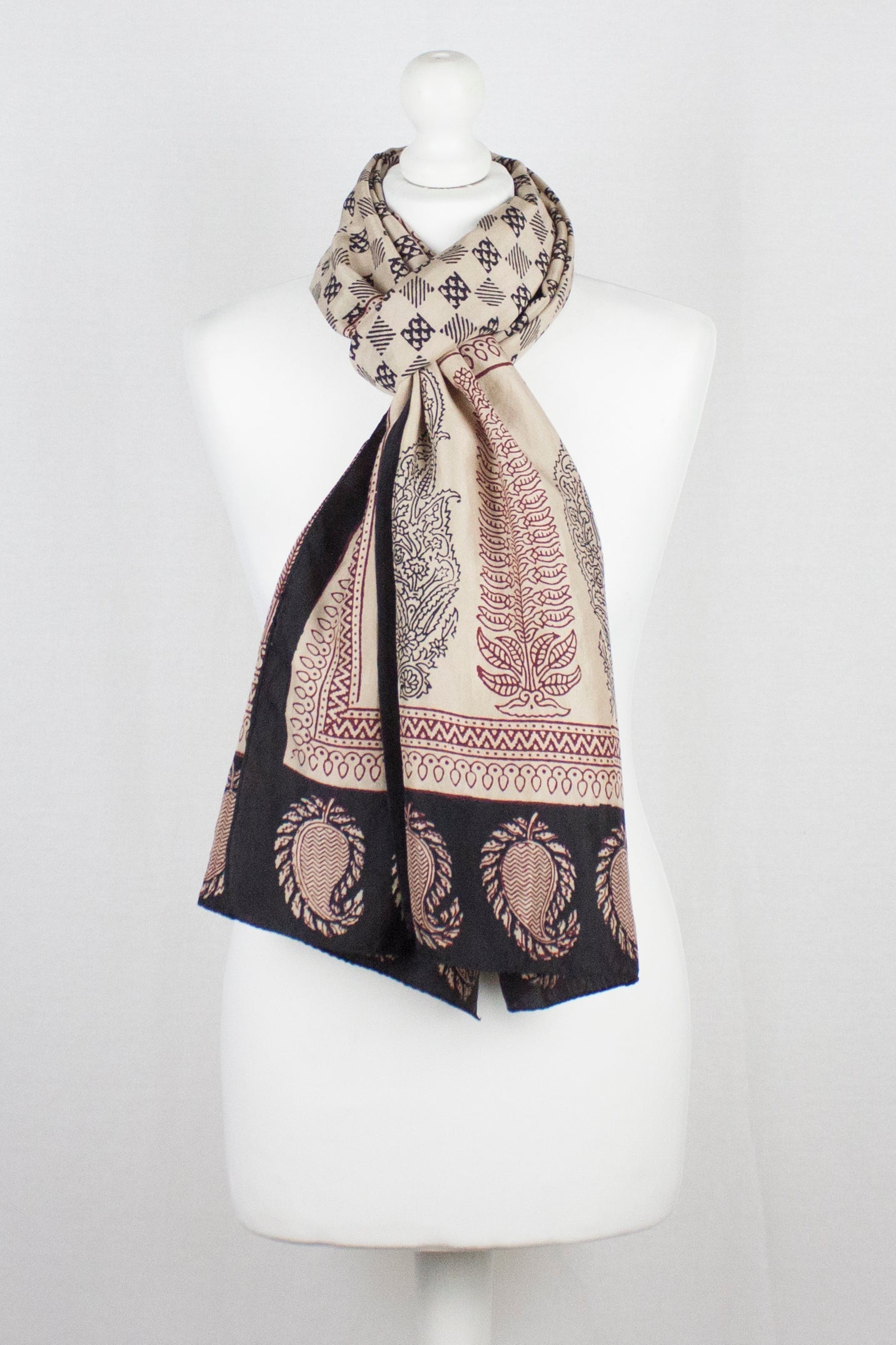 Checks Mesh Hand Block Print Silk Scarf in Black