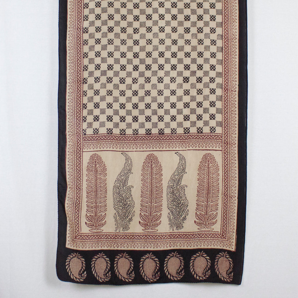 Checks Mesh Hand Block Print Silk Scarf in Black