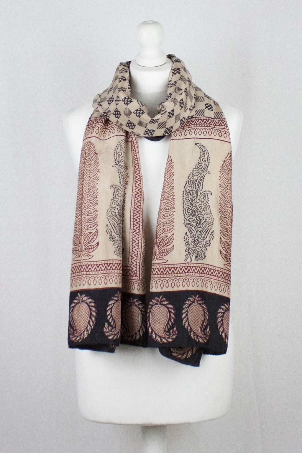 Checks Mesh Hand Block Print Silk Scarf in Black