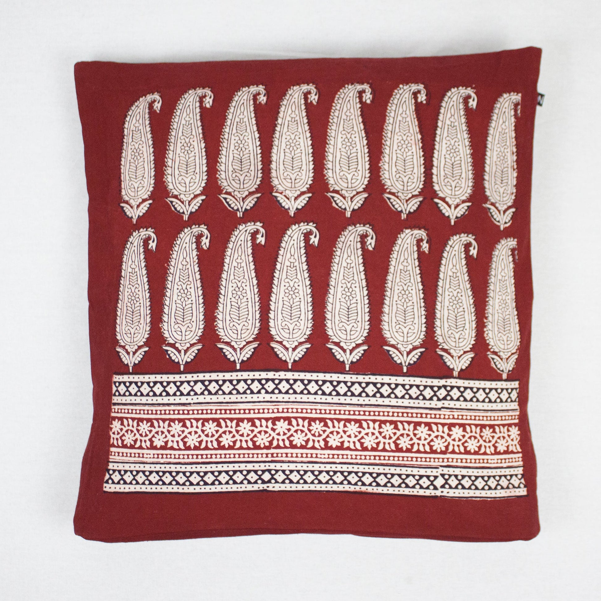 Long Paisley Hand Block Print Cotton Cushion Cover in Red