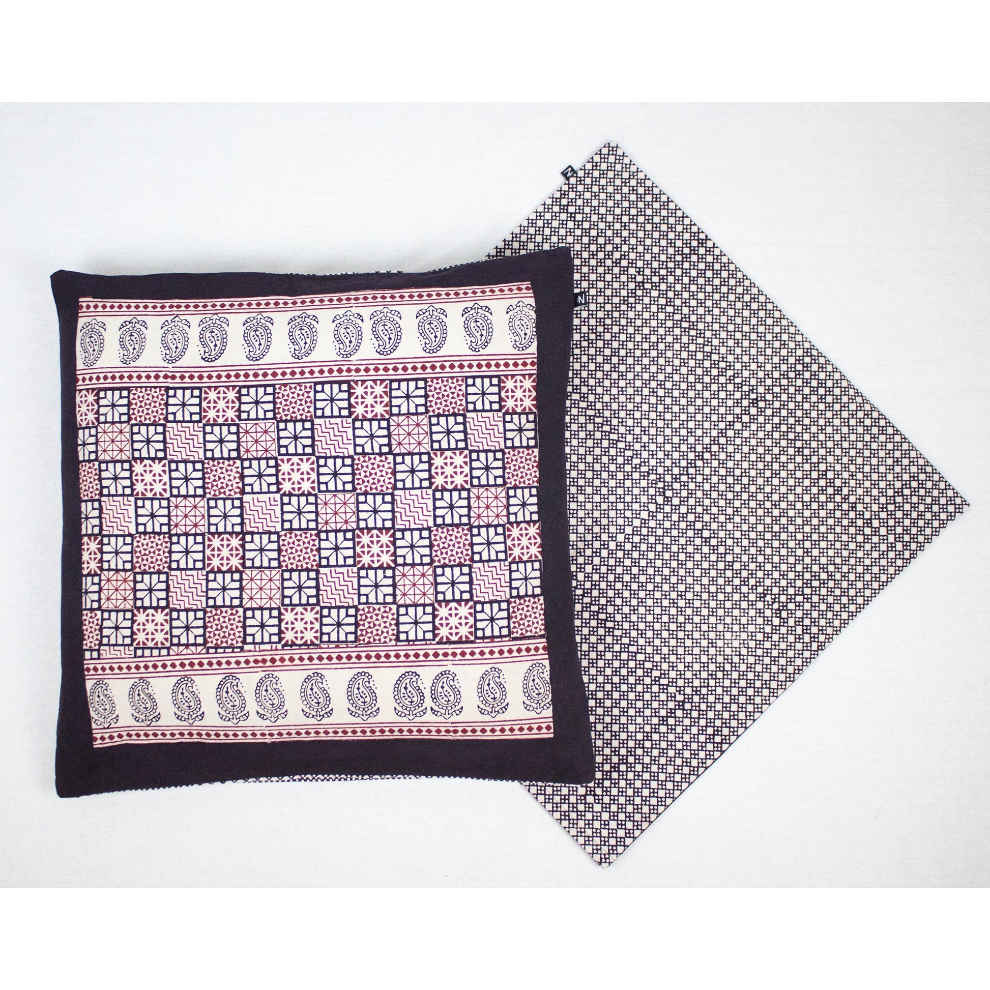 Checks and Diamond Hand Block Print Cotton Cushion Cover White Black Red