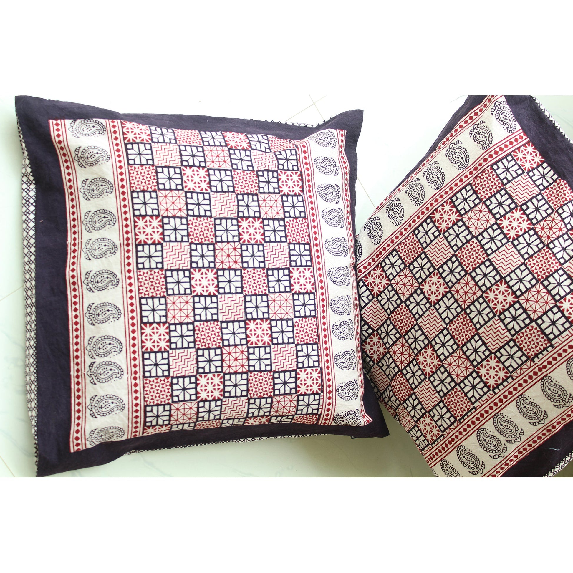 Checks and Diamond Hand Block Print Cotton Cushion Cover White Black Red
