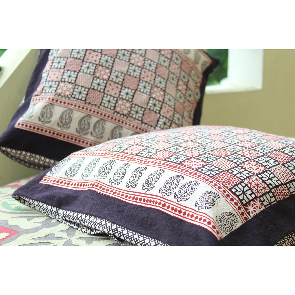 Checks and Diamond Hand Block Print Cotton Cushion Cover White Black Red