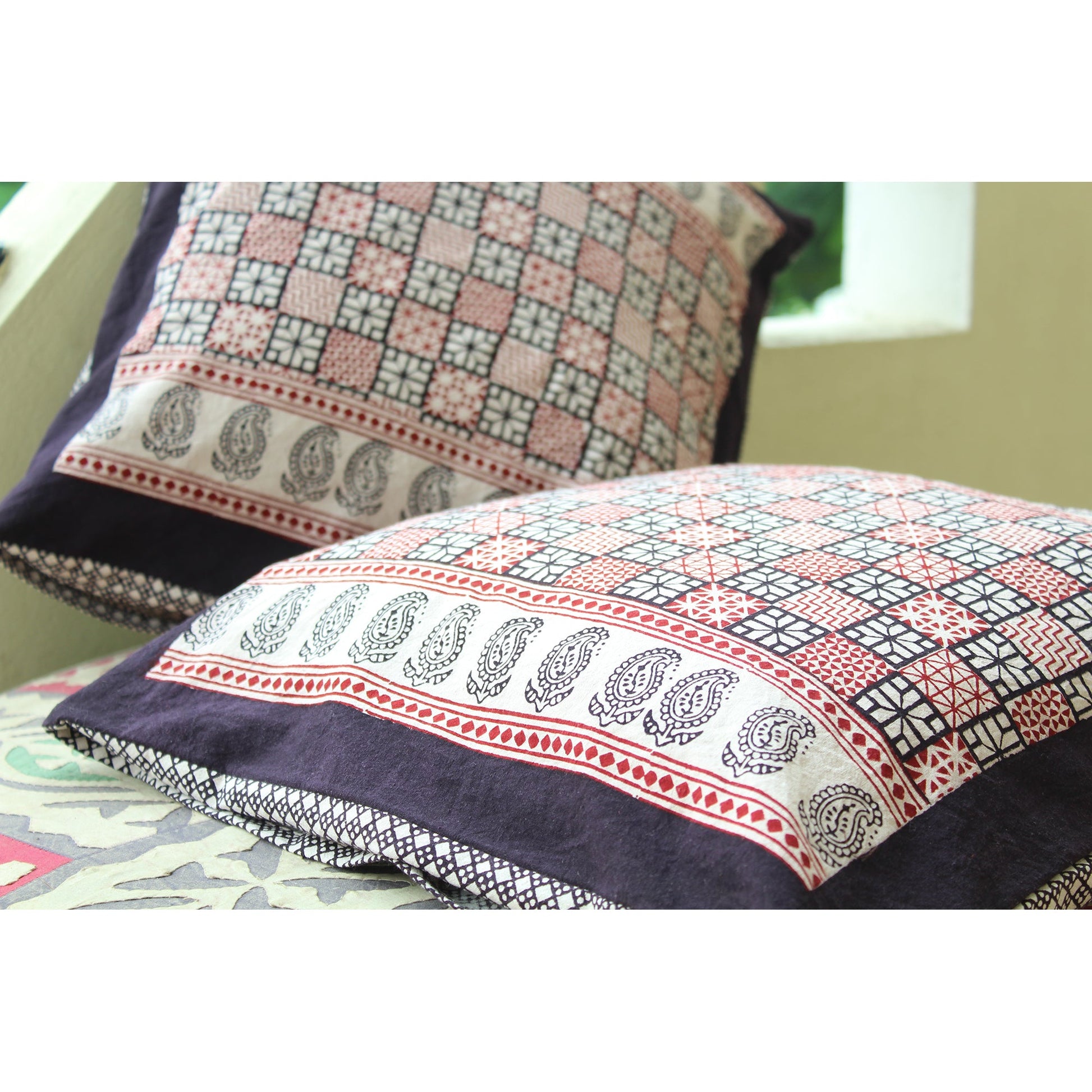 Checks and Diamond Hand Block Print Cotton Cushion Cover White Black Red