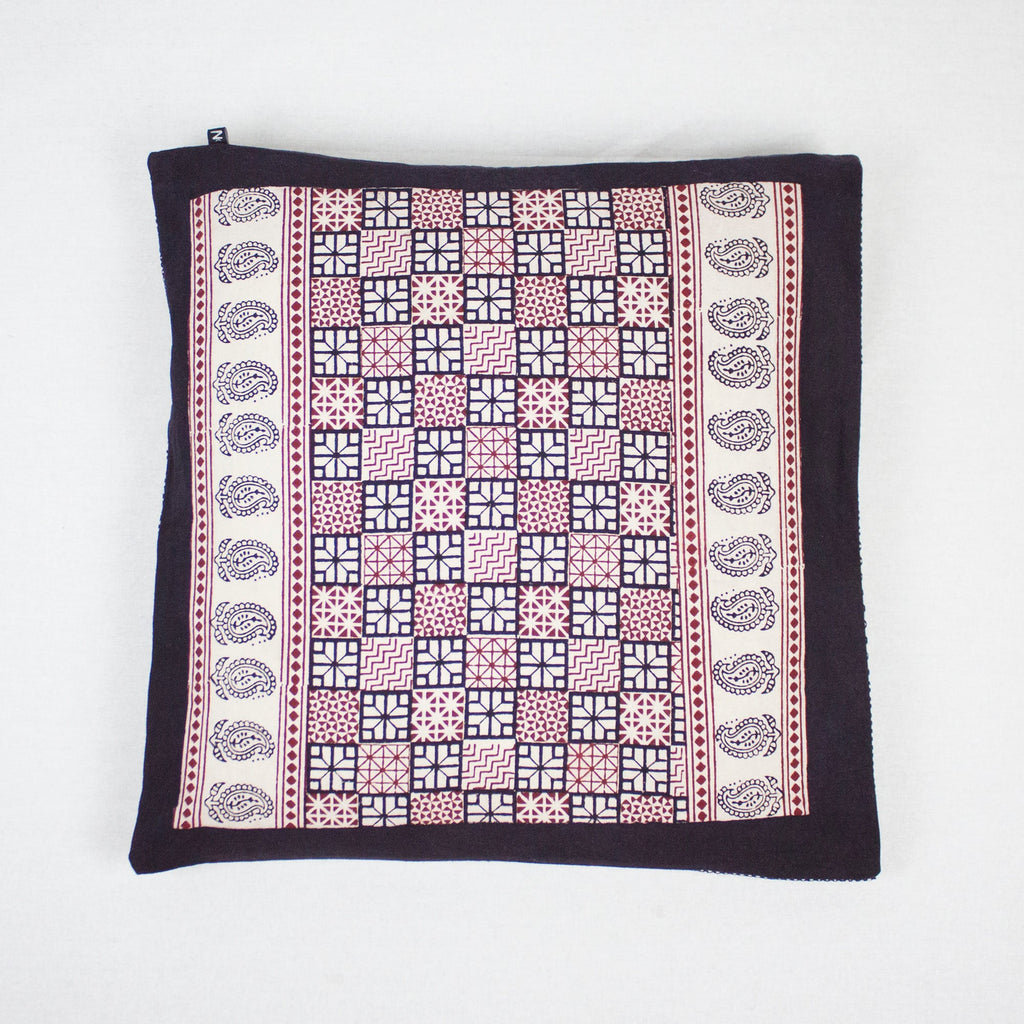 Checks and Diamond Hand Block Print Cotton Cushion Cover White Black Red