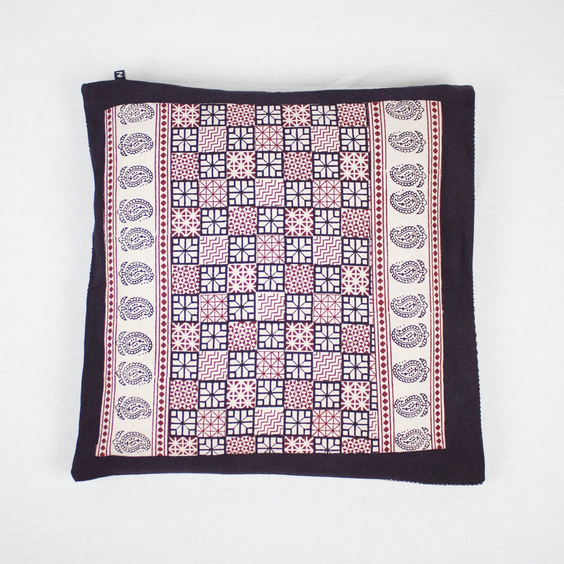 Checks and Diamond Hand Block Print Cotton Cushion Cover White Black Red