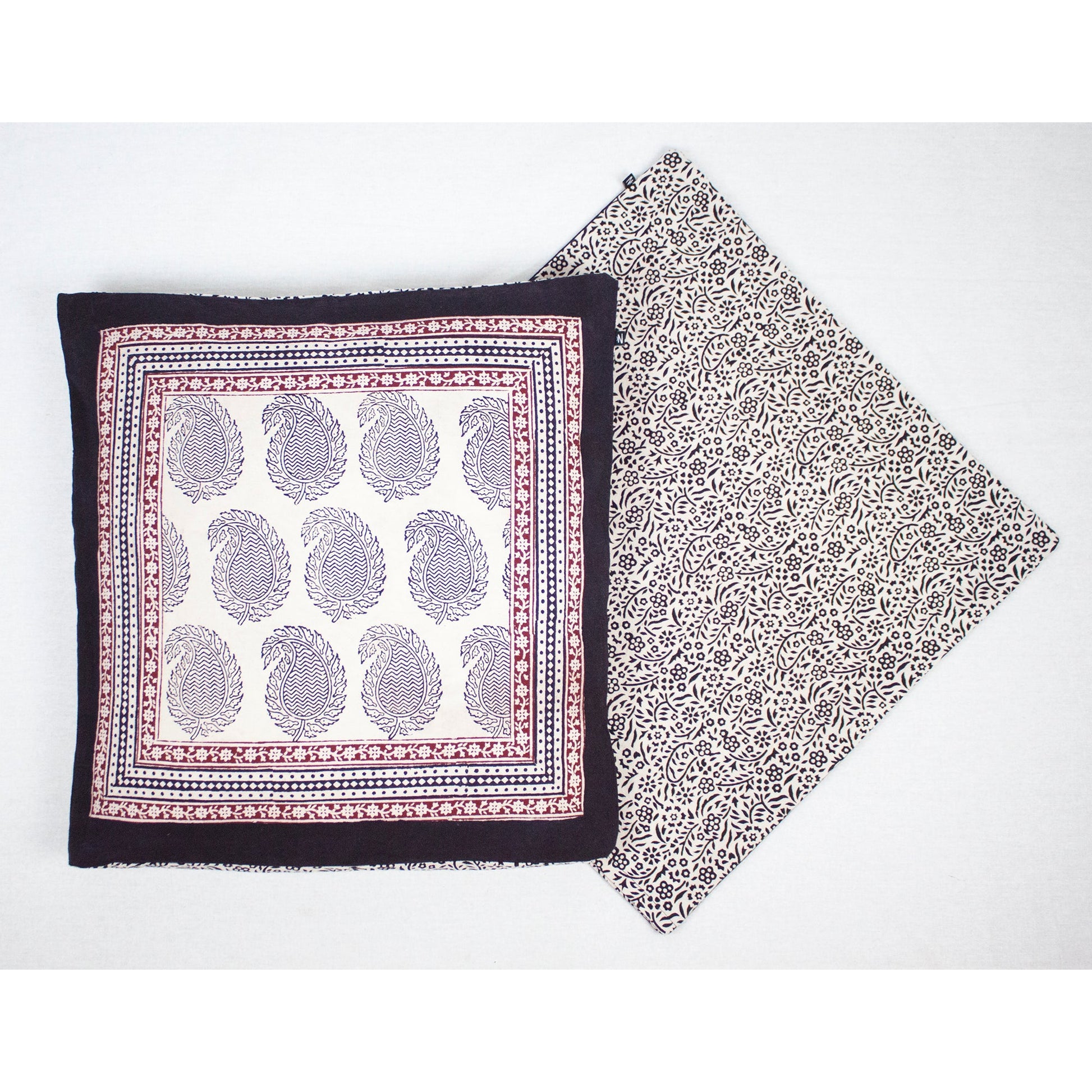 Paisley and Floral Hand Block Print Cotton Cushion Cover in White Black Red