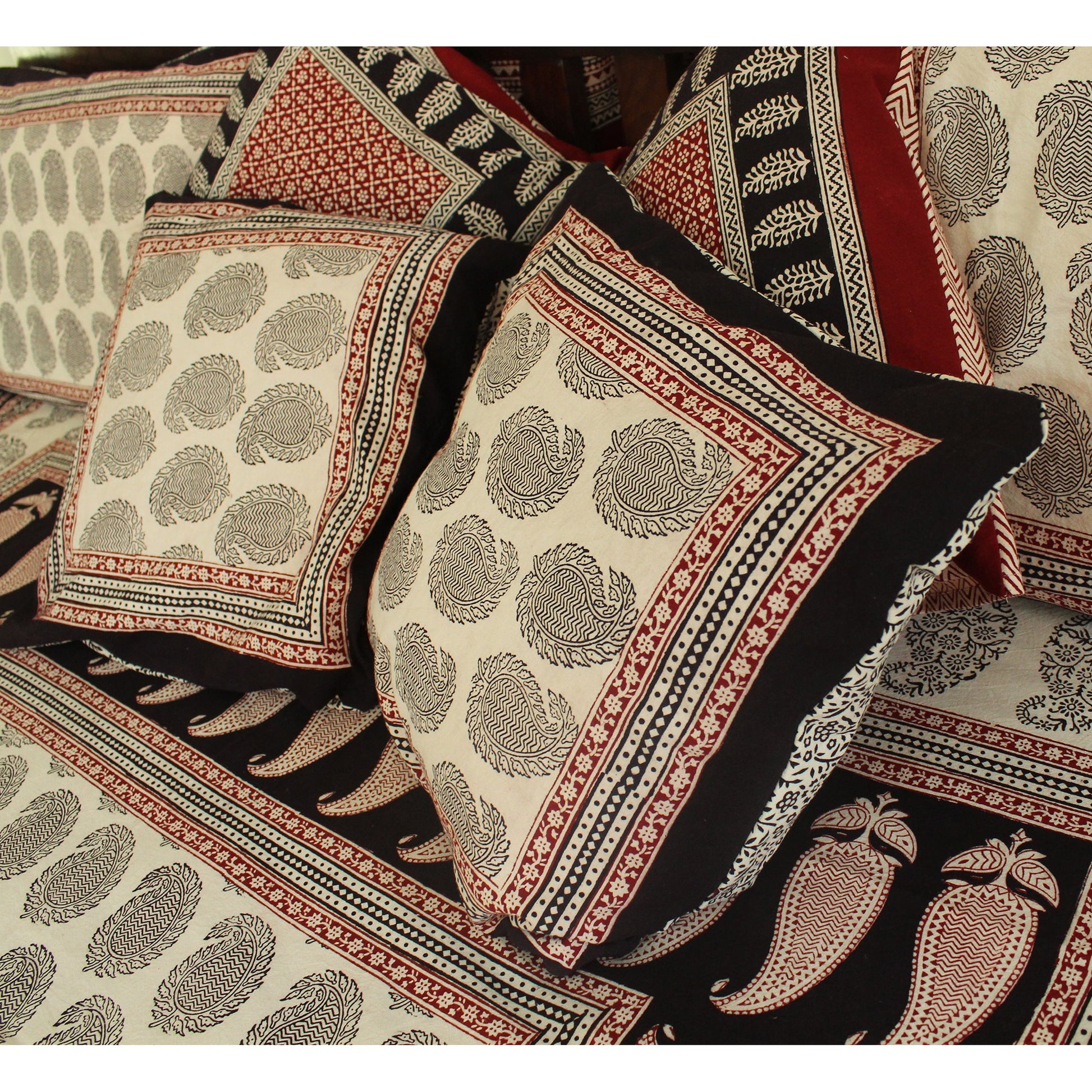 Paisley and Floral Hand Block Print Cotton Cushion Cover in White Black Red