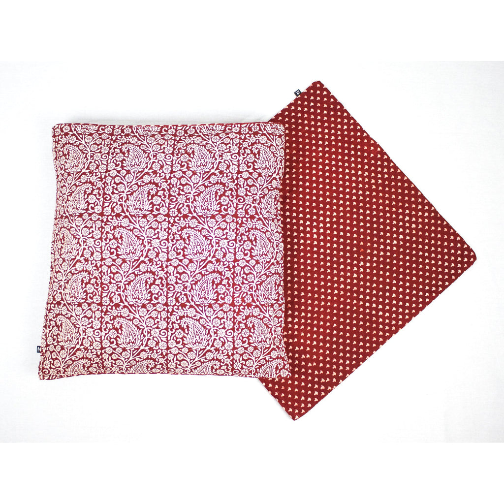 Paisley and Mushroom Hand Block Print Cotton Cushion Cover in Red