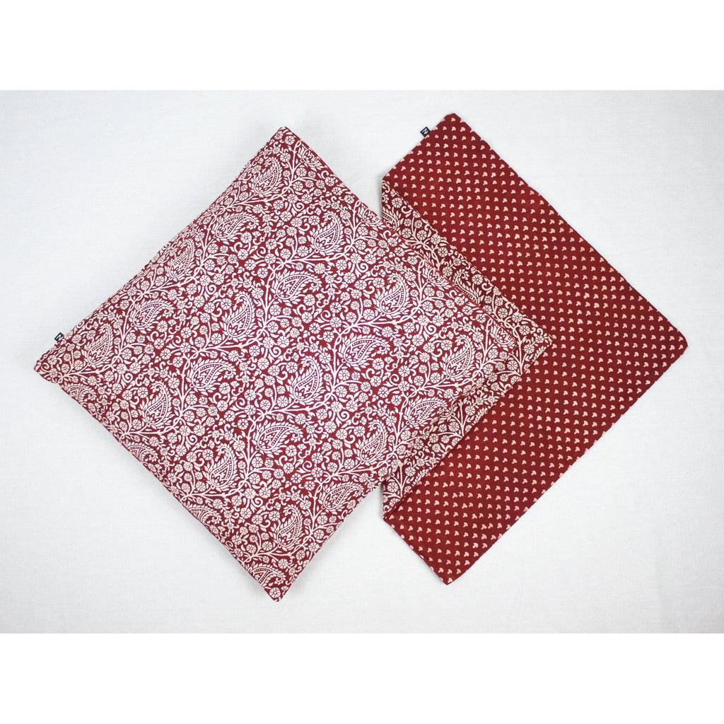 Paisley and Mushroom Hand Block Print Cotton Cushion Cover in Red