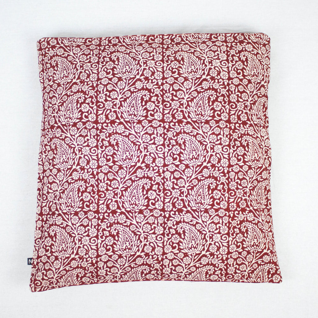 Paisley and Mushroom Hand Block Print Cotton Cushion Cover in Red