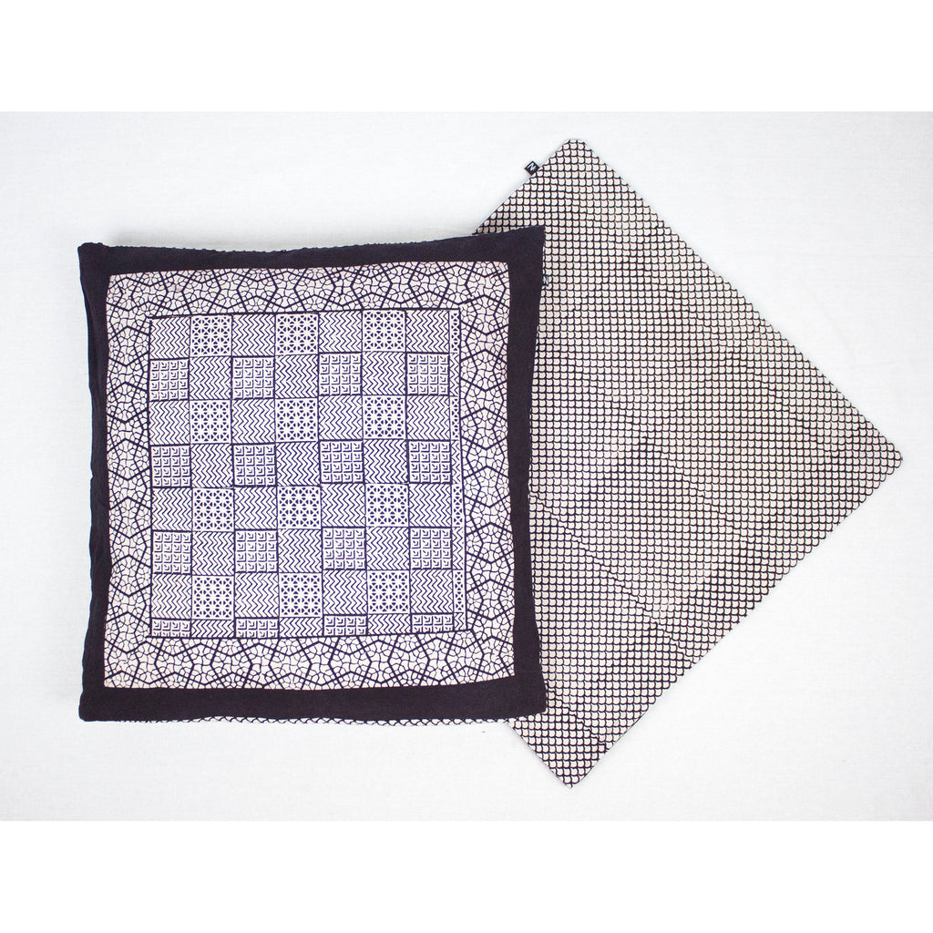Checks and Seashell Hand Block Print Cotton Cushion Cover White and Black