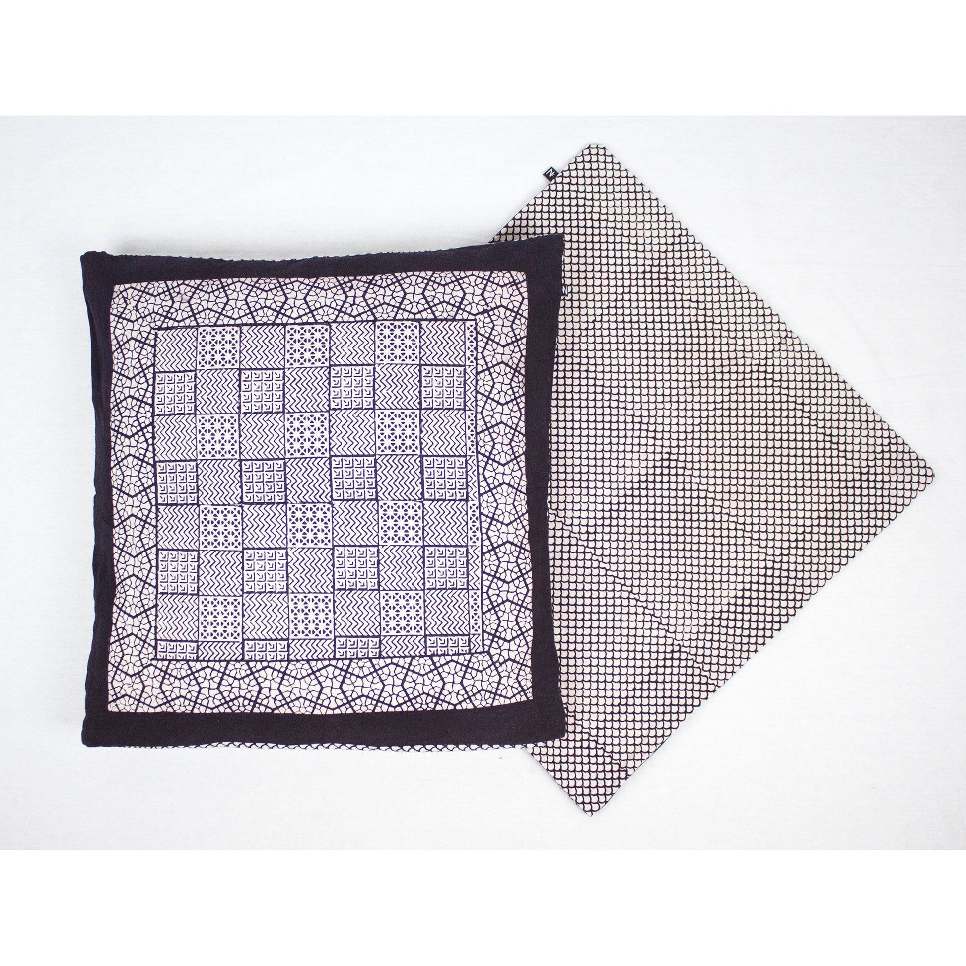 Checks and Seashell Hand Block Print Cotton Cushion Cover White and Black