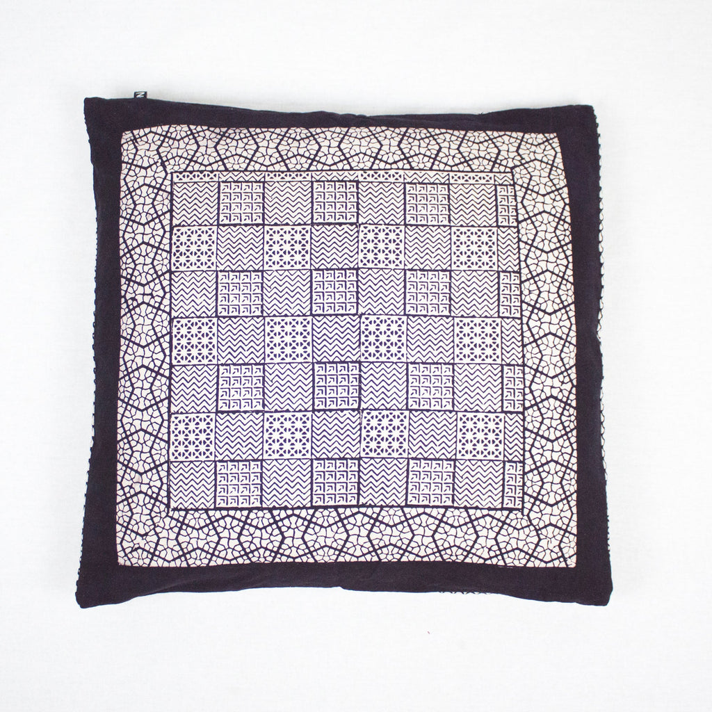 Checks and Seashell Hand Block Print Cotton Cushion Cover White and Black