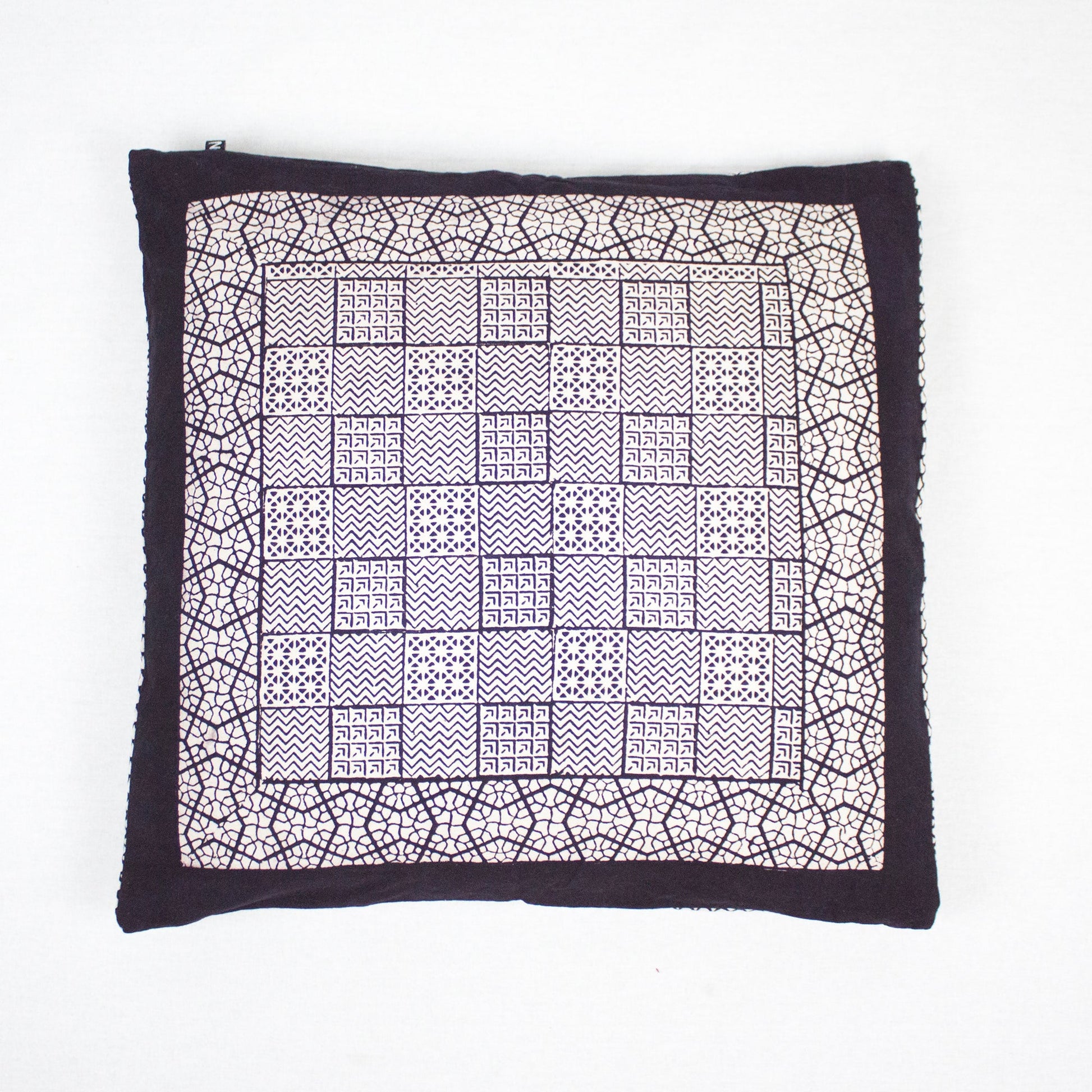 Checks and Seashell Hand Block Print Cotton Cushion Cover White and Black