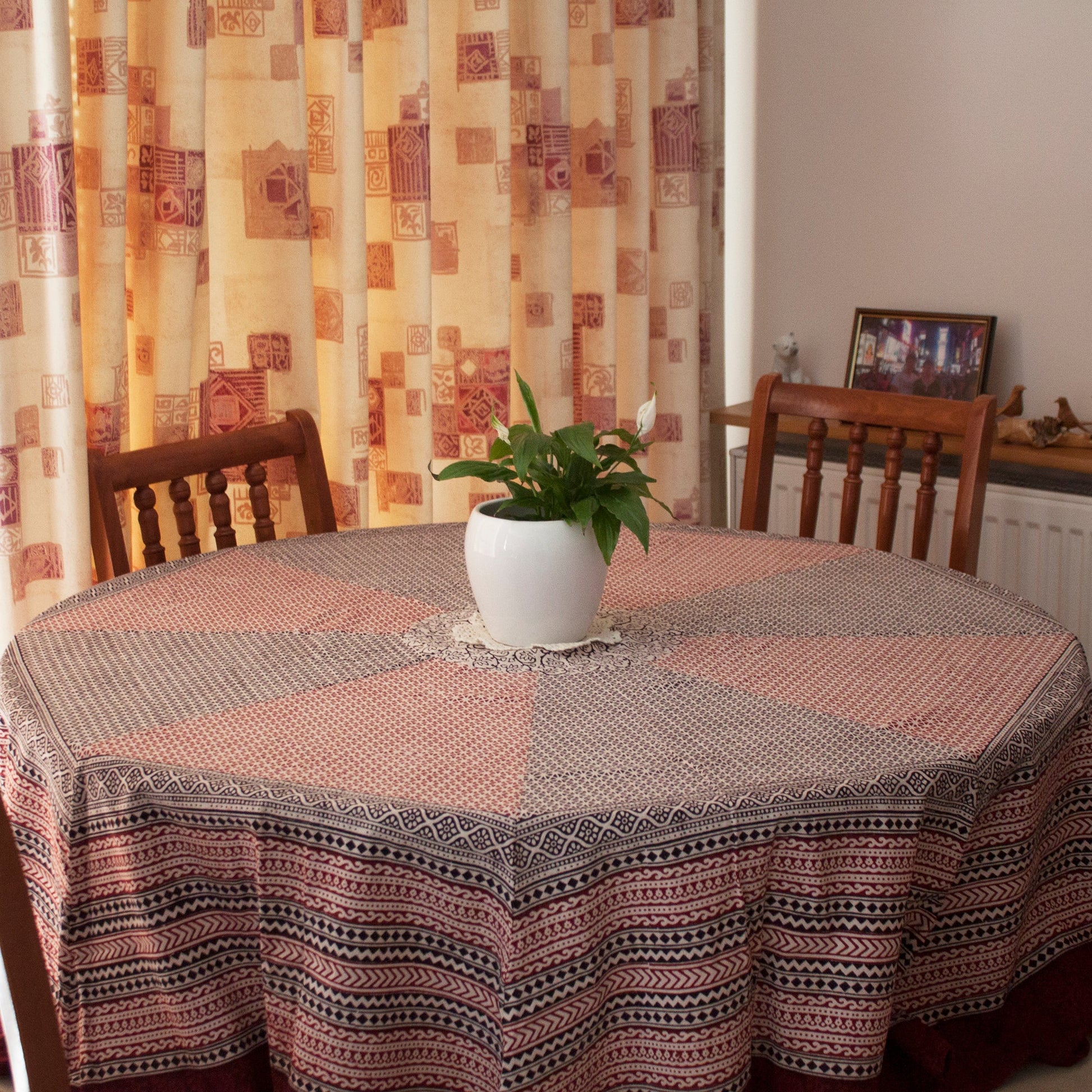 Ditsy Diamond Hand Block Print Round Tablecloth in Black and Red