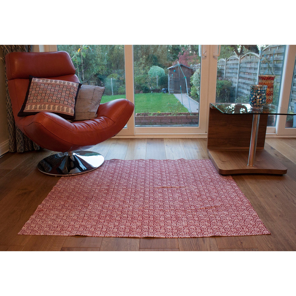 Lotus Flower Hand Block Print Area Rug in Red