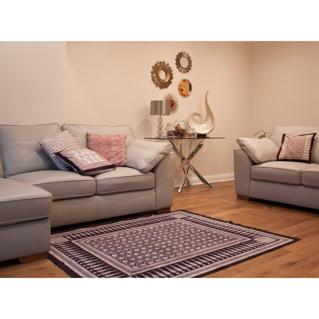 Traditional Floral and Paisley Hand Block Print Cotton Area Rug in White and Black