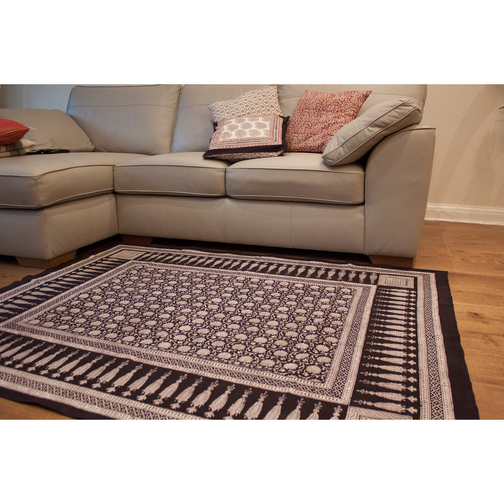 Traditional Floral and Paisley Hand Block Print Cotton Area Rug in White and Black