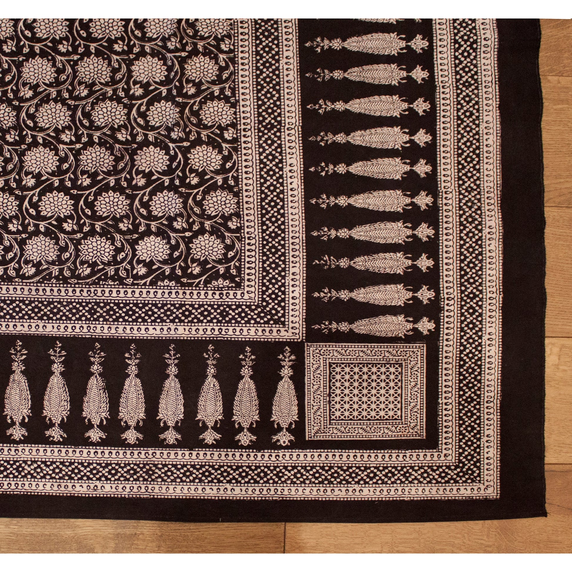 Traditional Floral and Paisley Hand Block Print Cotton Area Rug in White and Black