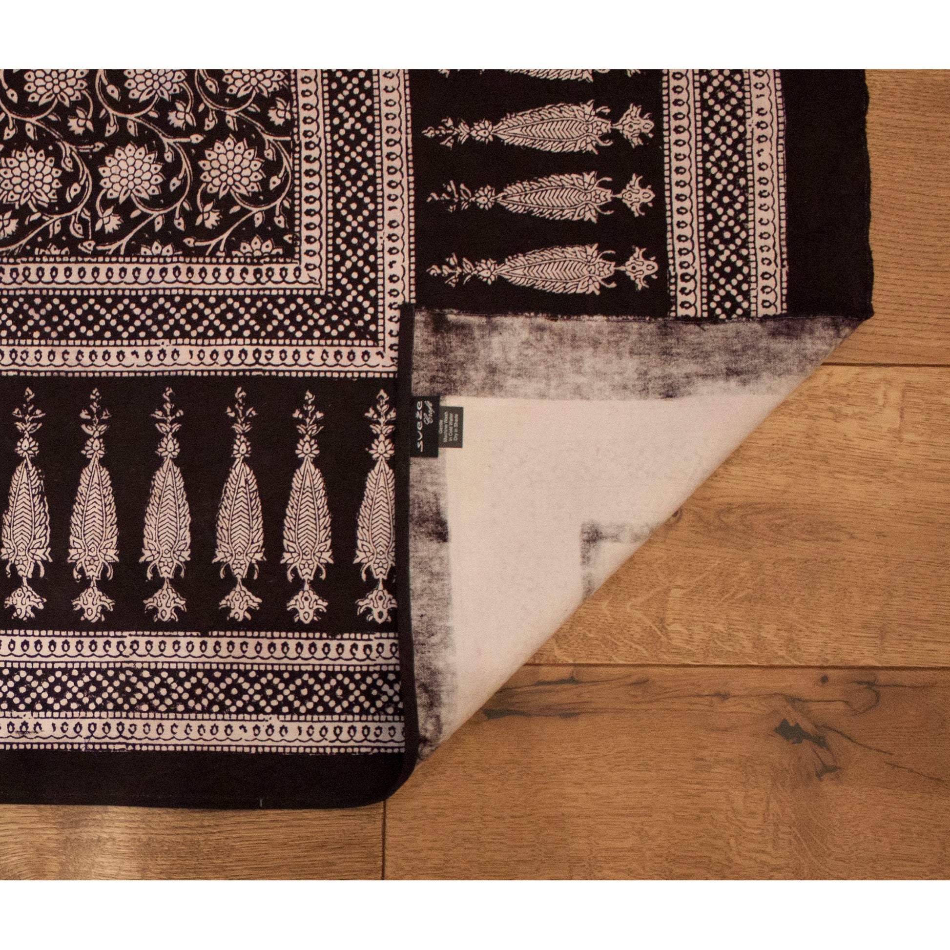 Traditional Floral and Paisley Hand Block Print Cotton Area Rug in White and Black