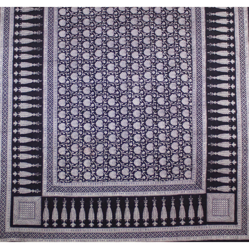 Traditional Floral and Paisley Hand Block Print Cotton Area Rug in White and Black