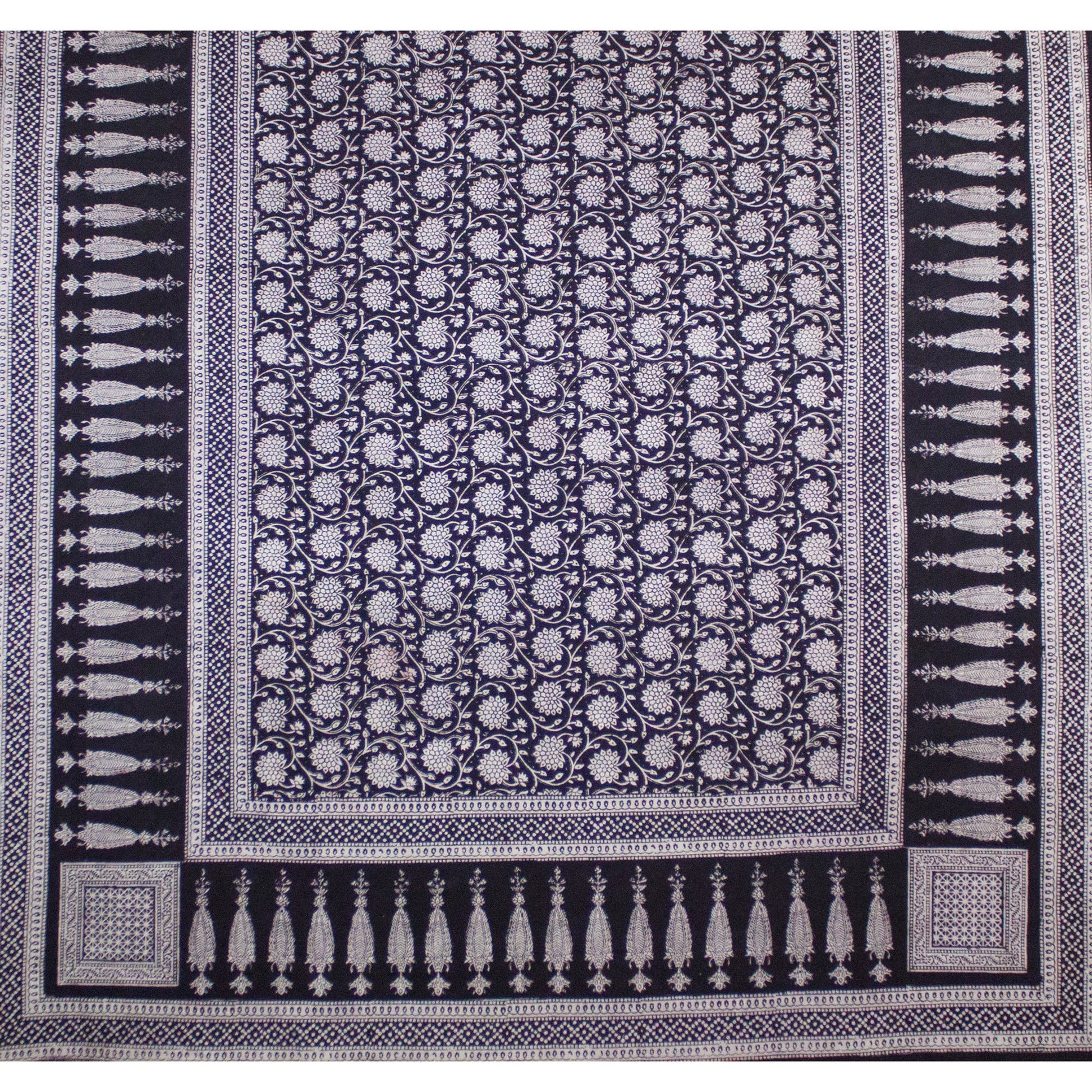 Traditional Floral and Paisley Hand Block Print Cotton Area Rug in White and Black