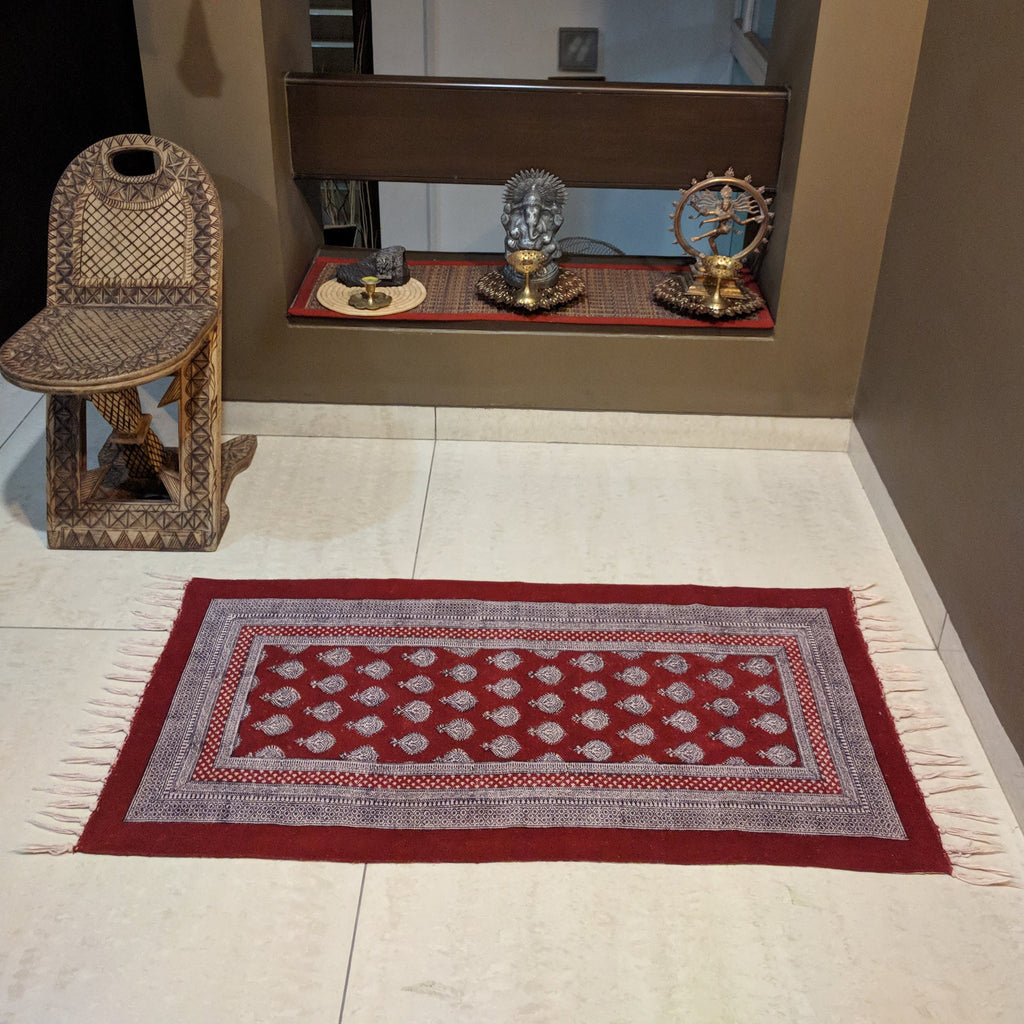 Paisley Jaal Hand Block Print Rug in Red and White