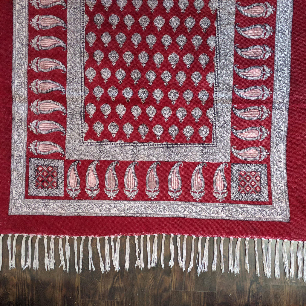 Traditional Paisley Hand Block Print Rug in Red and White