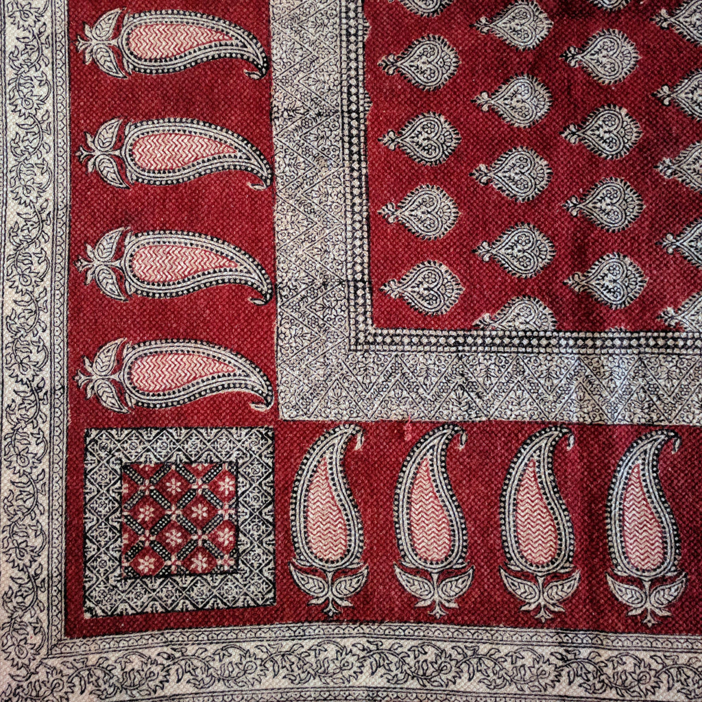 Traditional Paisley Hand Block Print Rug in Red and White
