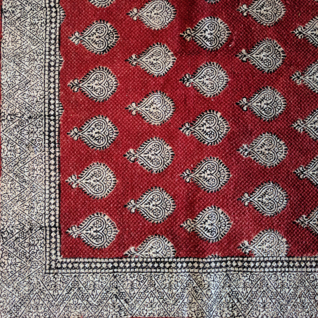 Traditional Paisley Hand Block Print Rug in Red and White