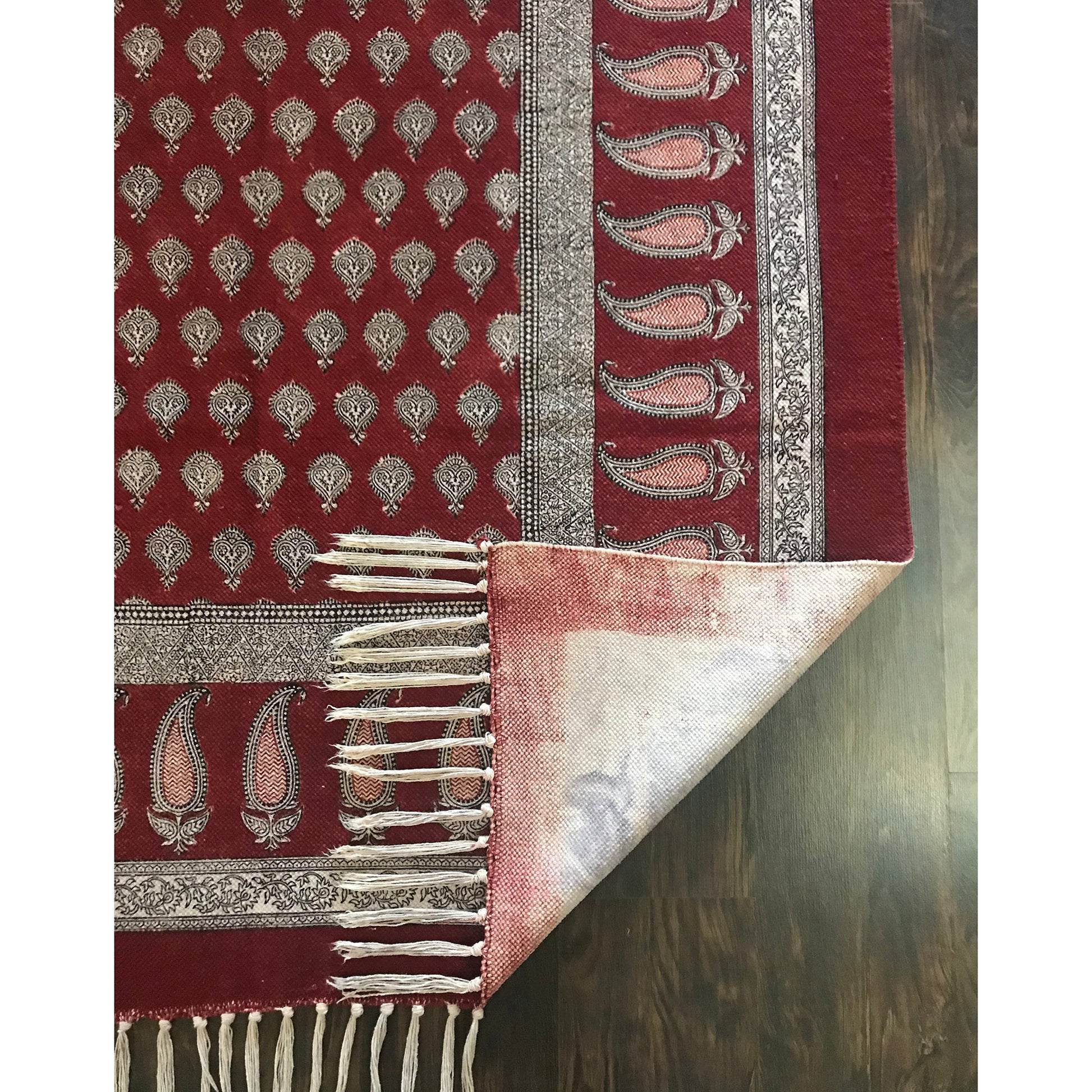 Traditional Paisley Hand Block Print Rug in Red and White