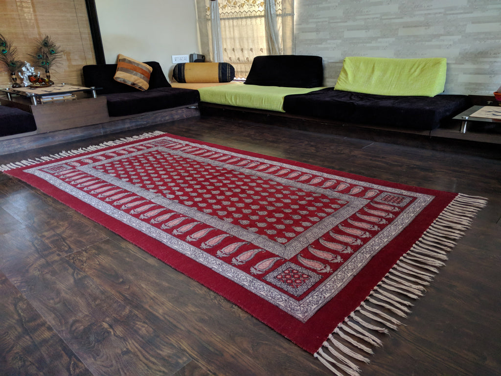 Traditional Paisley Hand Block Print Rug in Red and White