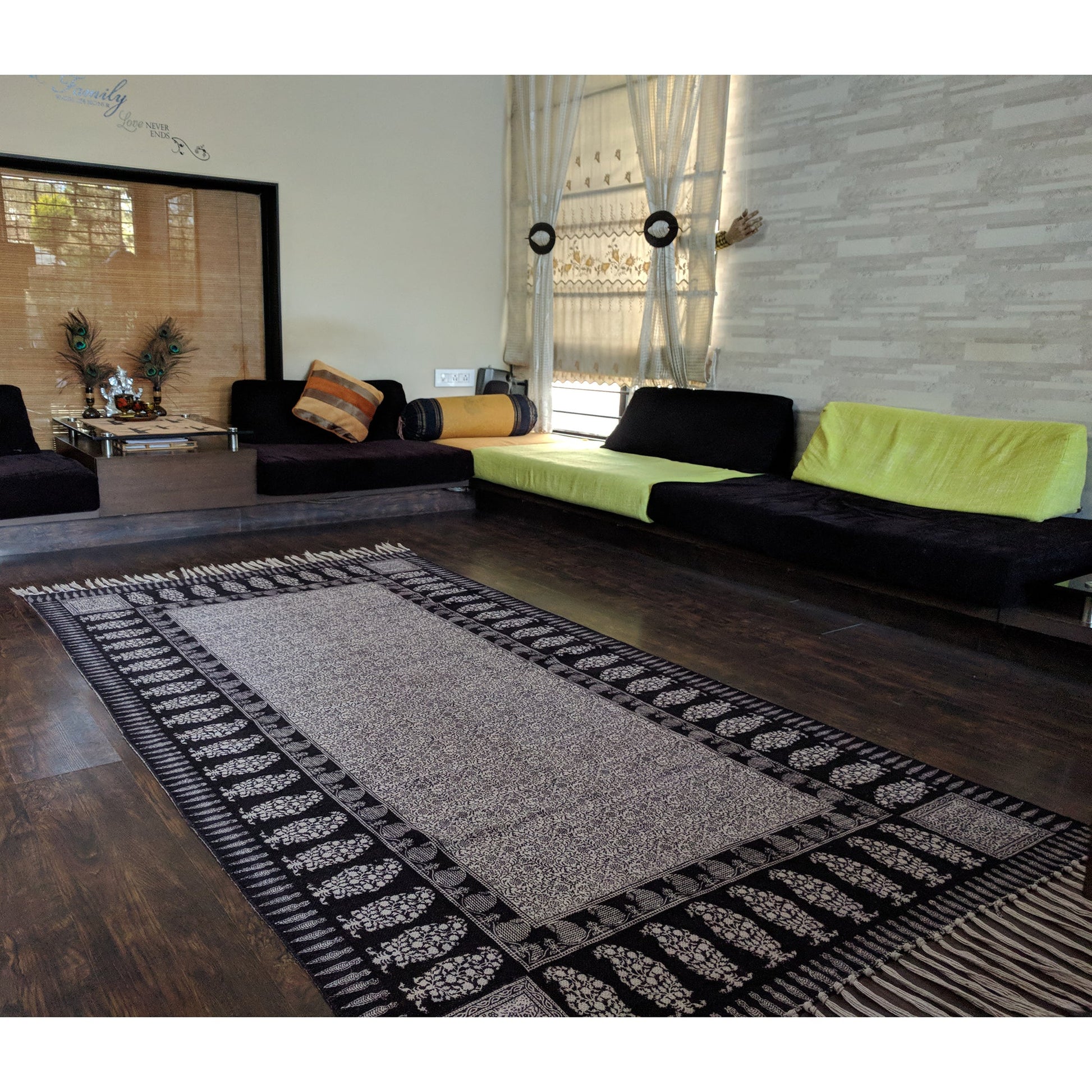 Floral and Paisley Hand Block Print Cotton Rug in White and Black