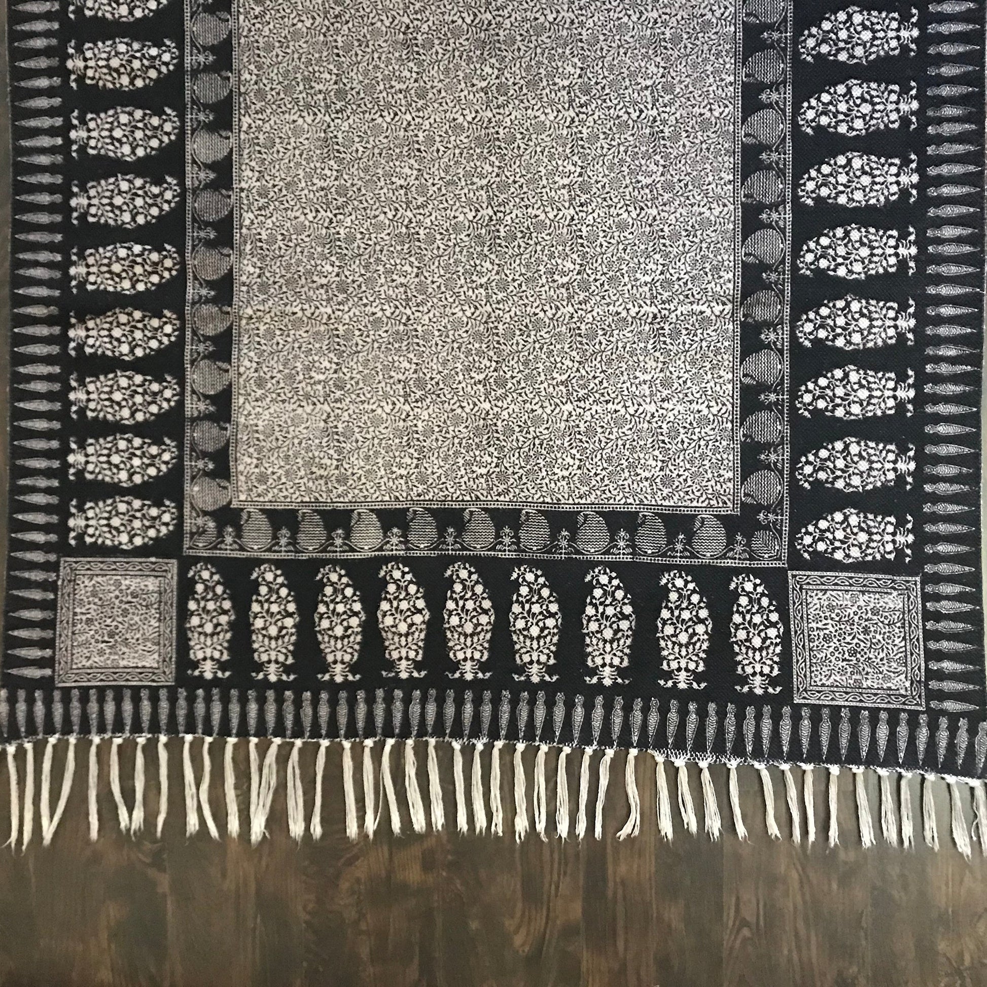 Floral and Paisley Hand Block Print Cotton Rug in White and Black