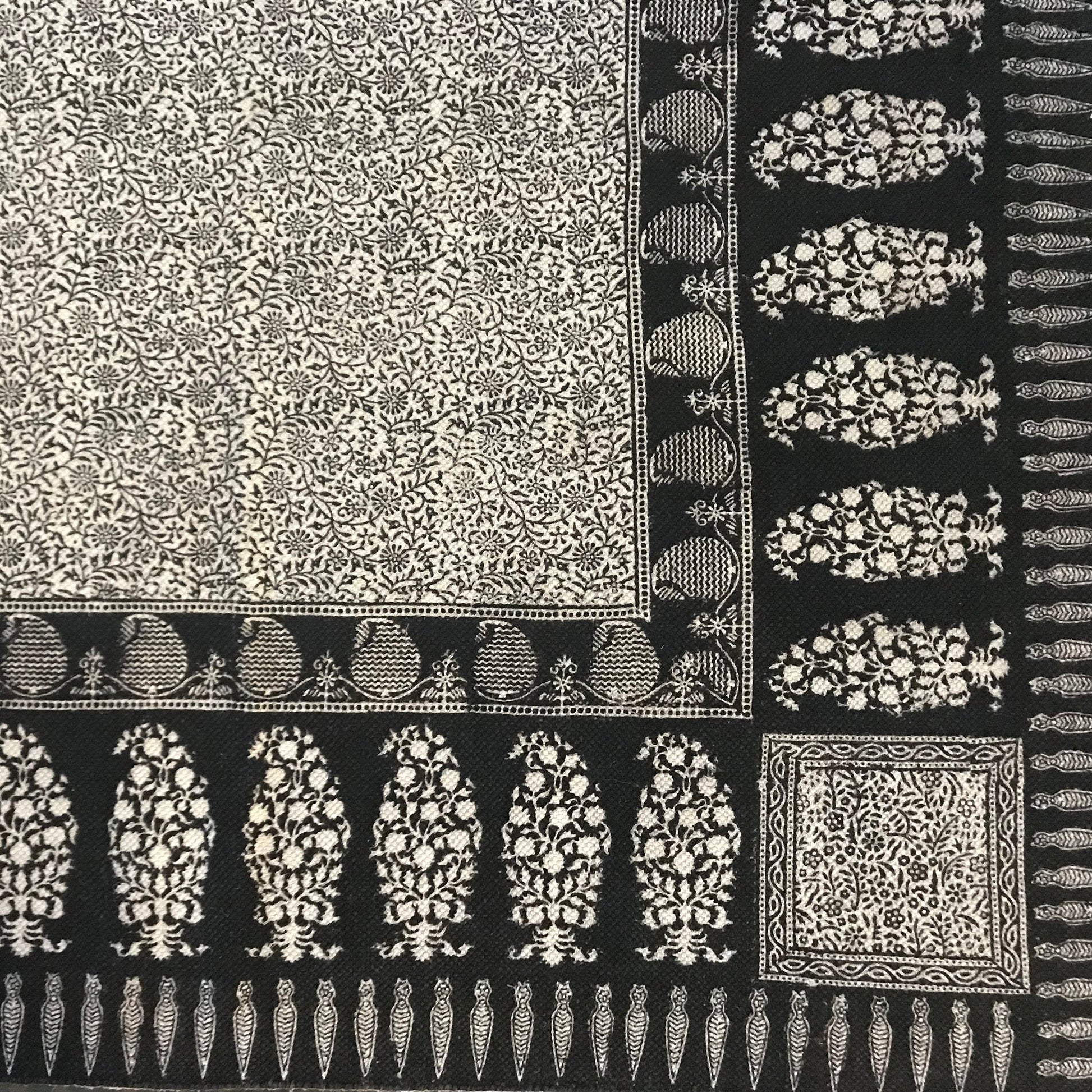 Floral and Paisley Hand Block Print Cotton Rug in White and Black