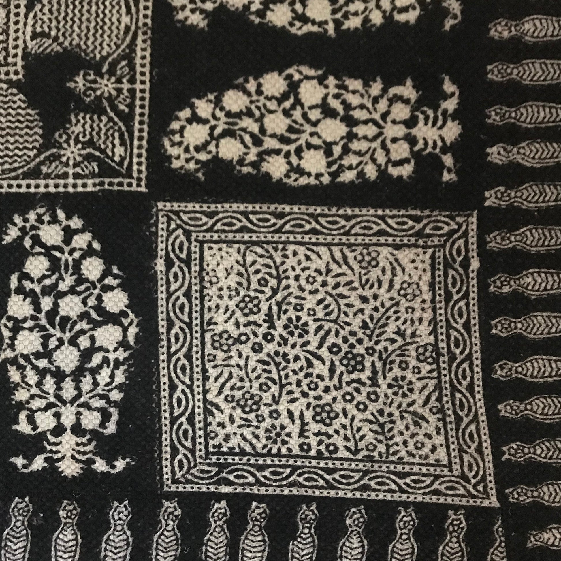 Floral and Paisley Hand Block Print Cotton Rug in White and Black