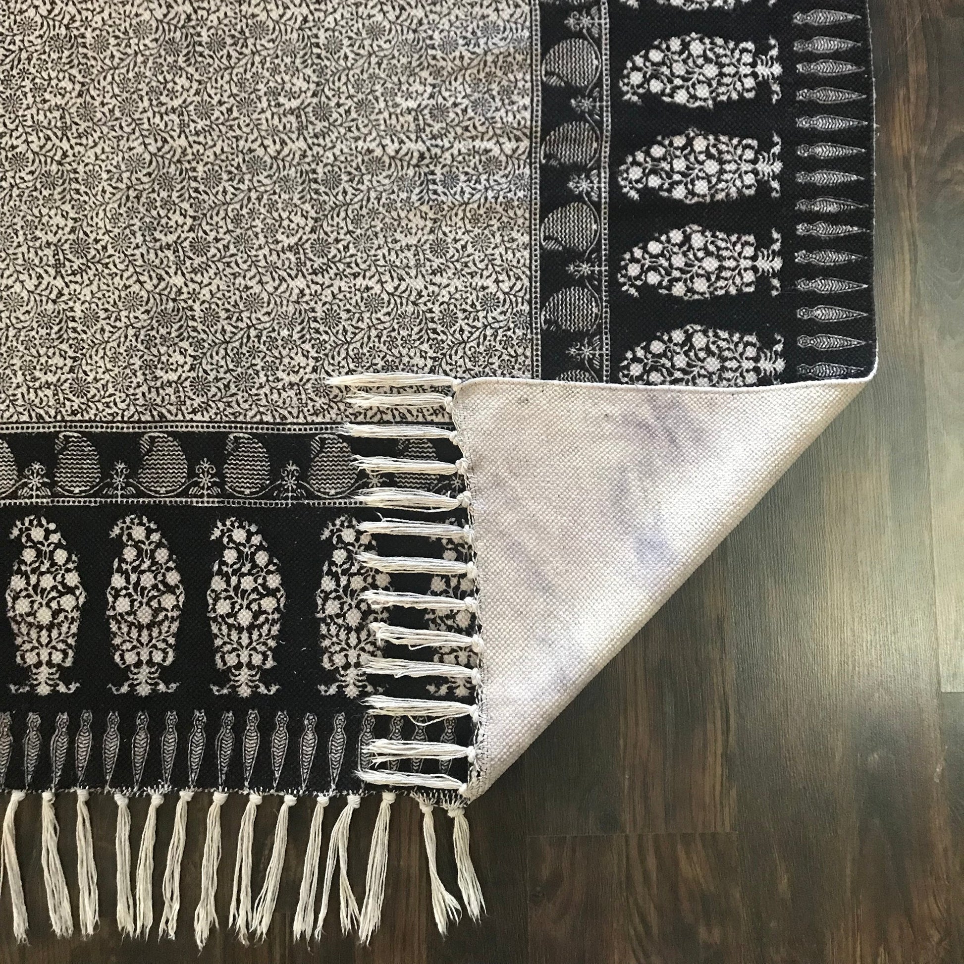 Floral and Paisley Hand Block Print Cotton Rug in White and Black