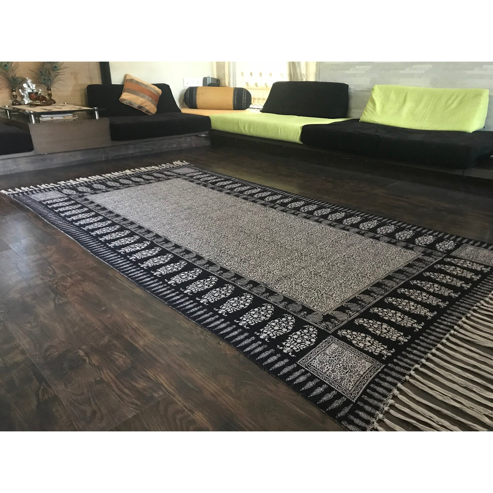 Floral and Paisley Hand Block Print Cotton Rug in White and Black