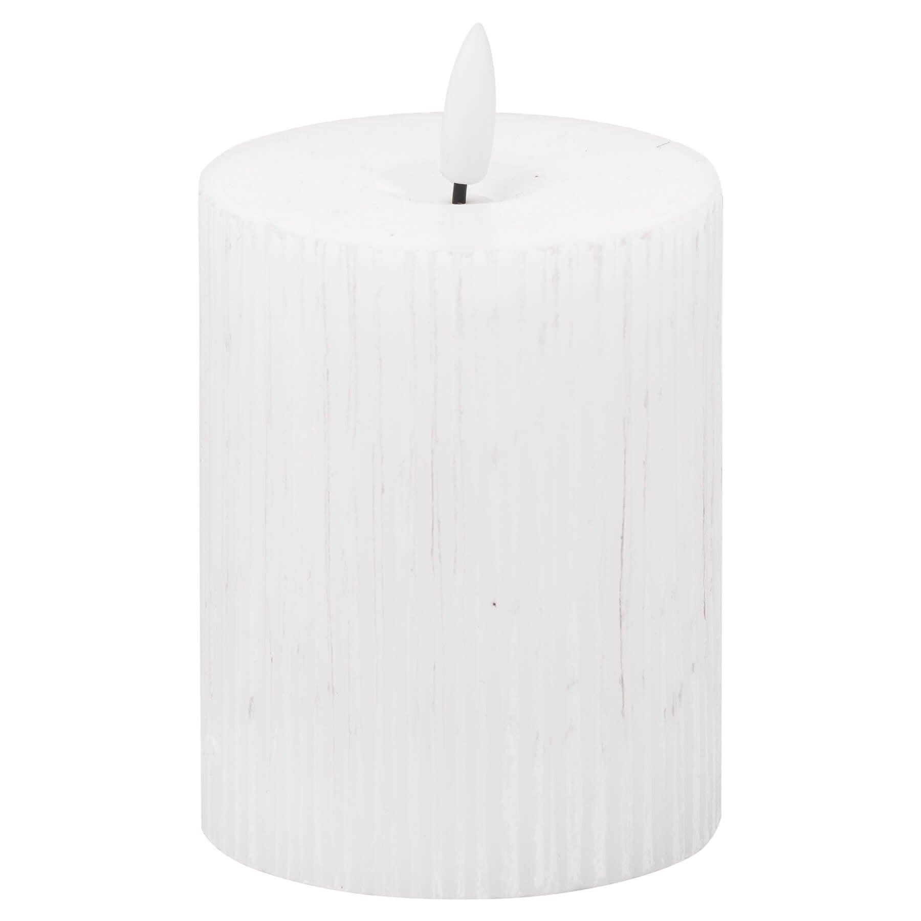 White ribbed LED candle with realistic amber flicker, battery-operated for safe ambiance (124 chars) by RoomLondon at brixbailey.com