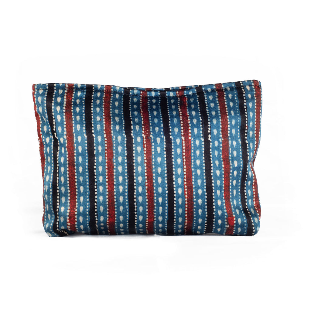 Hand Block Print Pouch Set of 3 in Blue Black Stripes