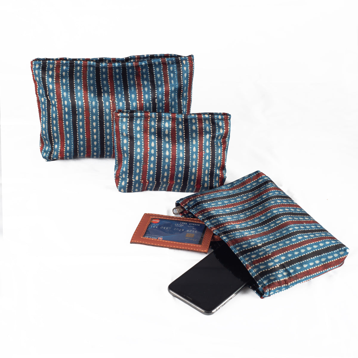 Hand Block Print Pouch Set of 3 in Blue Black Stripes